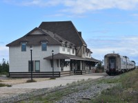 All is quiet at the station in this view of VIA #693 parked on the station track at Churchill, MB on this August 2, 2022, day of arrival from Winnipeg. The consist front to back was VIA 6443, VIA 6458, VIA 8612 baggage, VIA 8137 coach, VIA 8140 coach, VIA 8515 Skyline dome/kitchen/diner, and VIA 8202 Chateau Bienville sleeping car.