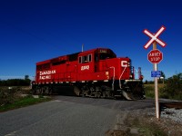 Since CP's takeover of the old CMQ, the line to Newport, Vermont has been deemphasized, with only local traffic moving that way and bridge traffic going via the D&H. For a little while CP was running a turn from Newport to Farnham 2-3 times a week, but now CP has no crews based out of newport. Instead, a Farnham crew runs once a week to Richford to leave cars, I believe a Vermont Railway crew meets them there to interchange cars. Here CP G24 has just left Farnham Yard and is off to Richford with CP 2280 and no cars.