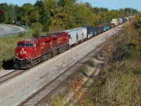 Northbound CP 237-02 with CP ES44AC 9379 and CP AC4400CW 8626 at Mile 14.07 on the CP Hamilton Sub on Oct 2/22.