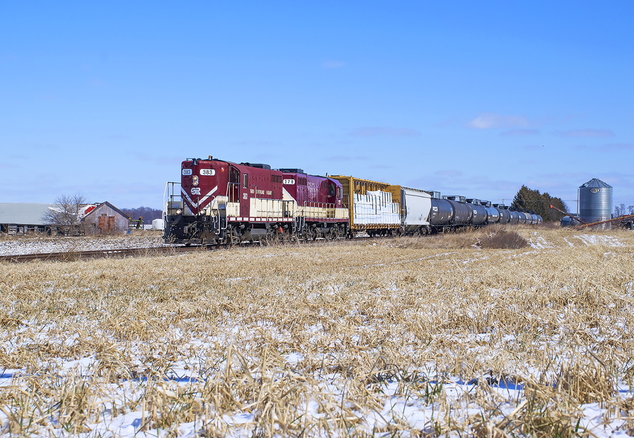 With their lift at Belmont completed, OSR's pair of high nose GP7s make their way towards St. Thomas.
