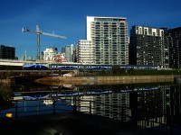 Trains on the Mont-Saint-Hilaire line were 100% powered by dual mode ALP-45DP locomotives for numerous years, but during the last year or two F59PH locomotives have been used here and there. Here class leader AMT 1340 pushes the last run of the day from Mont-Saint-Hilaire past the Peel Basin.