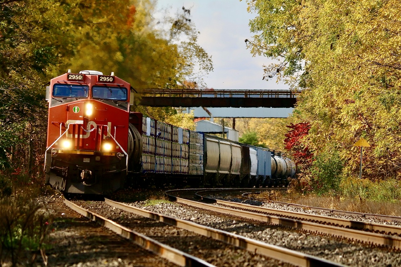 An eastbound CN train dodges the shadows as it passes the Purina facility in Woodstock. Once a busy customer of CN’s, today the service track to the far right barely ever sees any service.