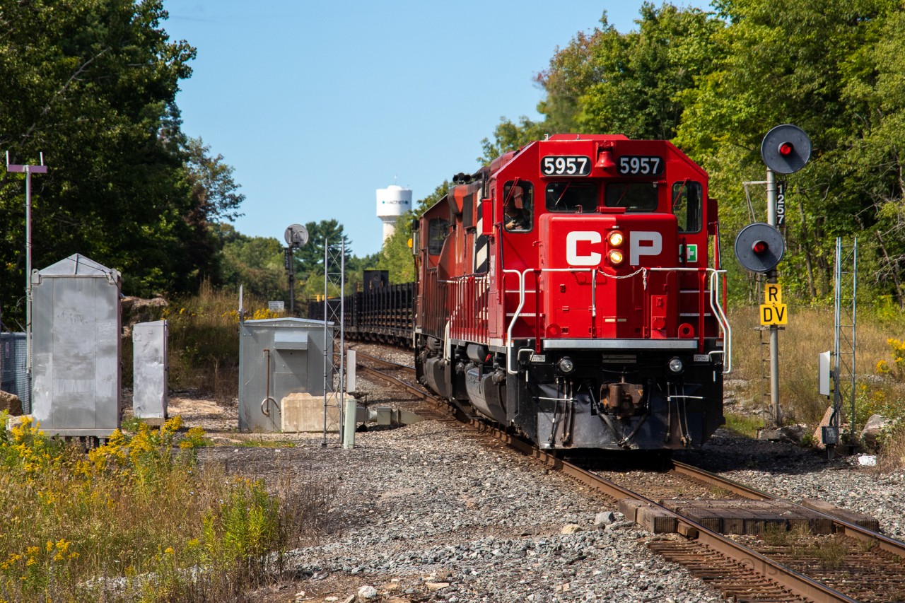 The South Siding Switch at Mactier is lined for the siding & CP 5957 South is ready to depart from Mactier with a destination of Toronto. Overcast skies in the GTA and reports of sun north of Barrie convinced a me and a few friends to head north looking for this southbound CWR. We found it in Mactier and subsequently chased it back to Toronto.