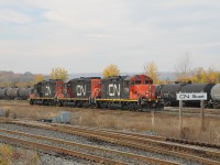 CN 7058, 7068 and 7038 sit idling in Hamilton Yard waiting for the next assignment.