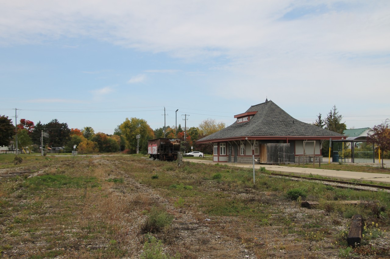 Crossing signals, a lone ballast car and a short section of track is all that remains of the OBRY at Orangeville.