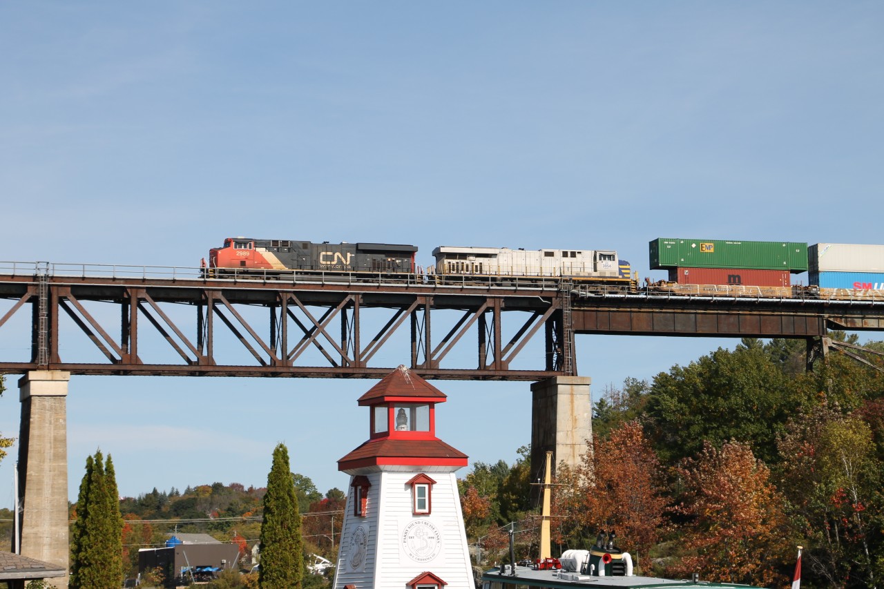 Having crossed over at CN Boyne/CP Reynolds, it sounds like the throttle is pulled all the way back and CN 107 is getting up to speed as it crosses the trestle over Parry Sound Harbour heading northward on the CP Parry Sound Sub. portion of the Directional Running Zone (DRZ).