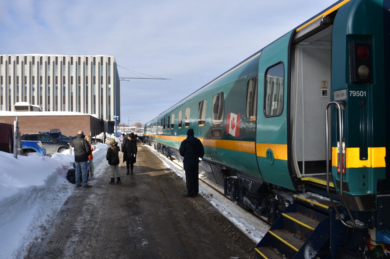 A major snowstorm overnight dumped a foot of snow in the Maritimes but the VIA maintenance crews in Campbellton, NB have the platform cleared up pretty nice for the arrival of VIA #14 The Ocean. I have stepped onto the platform from my Renaissance sleeper car to get some fresh air, sunshine, and a few photos during this regular station stop. While I much prefer VIA's Budd built stainless steel equipment, the Renaissance cars were an interesting and enjoyable change on this trip.