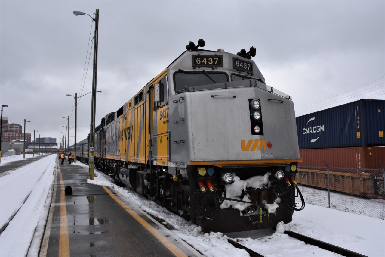 VIA 6437 with VIA 6401 trailing, is ready to lead VIA #15 The Ocean on its journey from Halifax, NS to Montreal, QC on this cold, drab, rainy, March day. The consist of passenger equipment is a mix of ex-CP Budd built stainless steel cars, and European built Renaissance cars. The trip to Halifax a few days earlier on VIA #14 was my first-time riding the Renaissance equipment, and specifically a Renaissance sleeping car. While I enjoyed the trip and the experience in this equipment, I realized I much prefer the classic Pullman & Budd built cars from CN and CP passenger trains of decades gone by. This is a trip I will take again, only next time in the summer months to get a different view of the Maritime landscape.