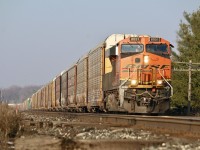 Borrowed BNSF 8051 with a decent size train makes good time as it heads Toronto bound on a nice late fall day. 
