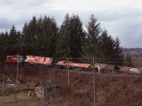 A broken rail caused early-morning southbound freight No. 52 to derail just south of South Wellington on Vancouver Island on Wednesday 1974-02-20.  Lead GP9 8531 had only its rear truck derailed, and the crew members were fine, but GP9 8613 was well and truly off and Baldwin 8005 went over so far its internals were damaged and that was its last run.<p>This location is just one and a half miles south of the head-on collision on 1973-06-12 which ended the working lives of Baldwins 8006, 8007, 8008 and 8011.