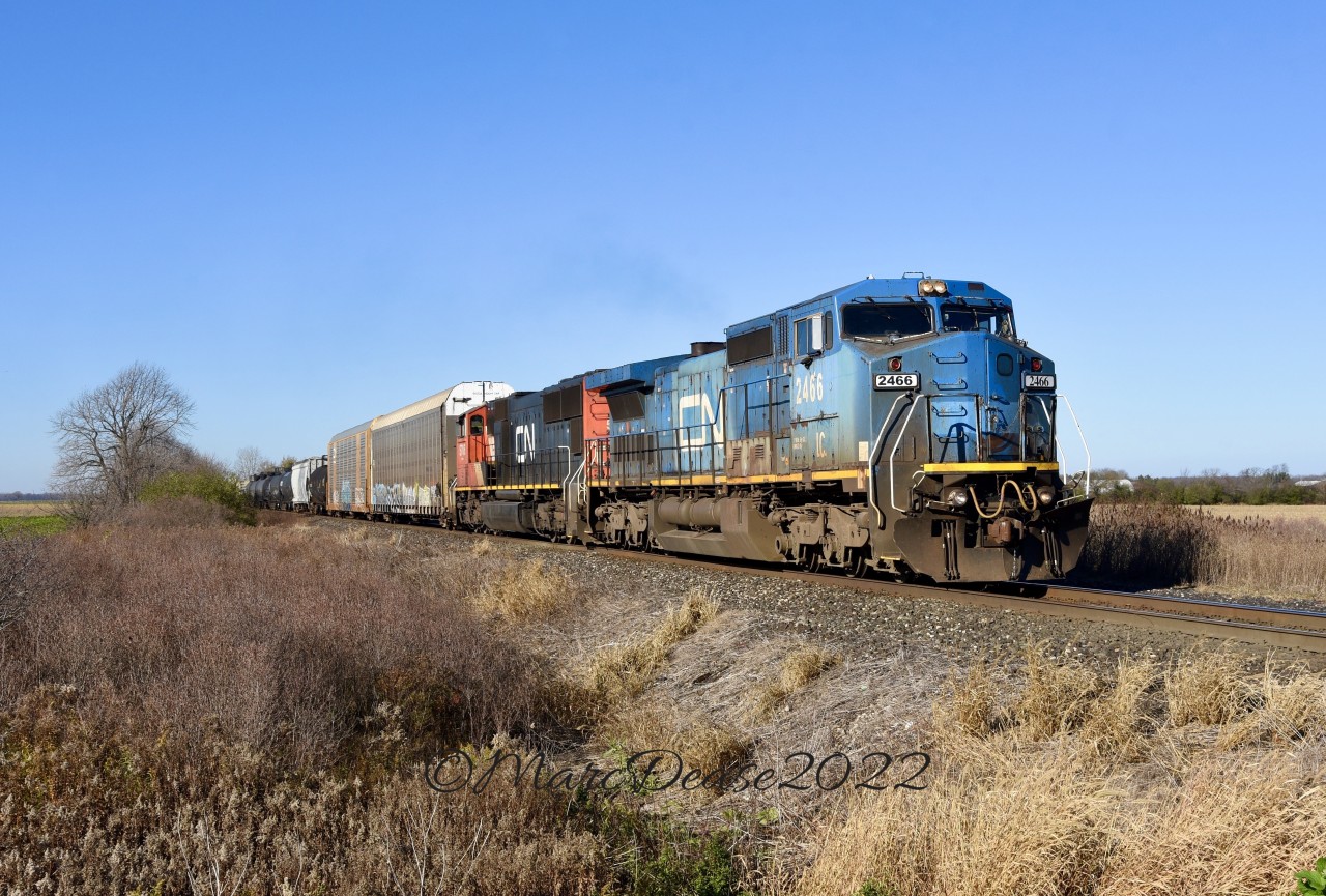 IC 2466 the only active "Blue Devil" leads train 509 back to London, ON., from Sarnia. I've seen 509 come into Sarnia with less than 10 cars before but seeing this lash up came into Sarnia as light power which is a first for me.