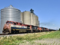 BCOL 4644 leads train 501 west on the Strathroy Sub past the elevators at Wanstead Sideroad just east of Wyoming, ON.