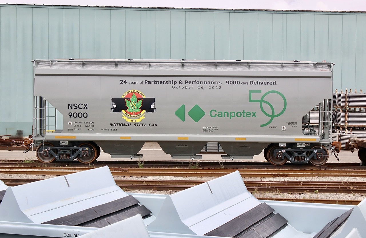 A nice find today as I passes by National Steel Car in Hamilton. This hopper celebrates 9000 freight cars delivered to date and 50 years of Canpotex.
