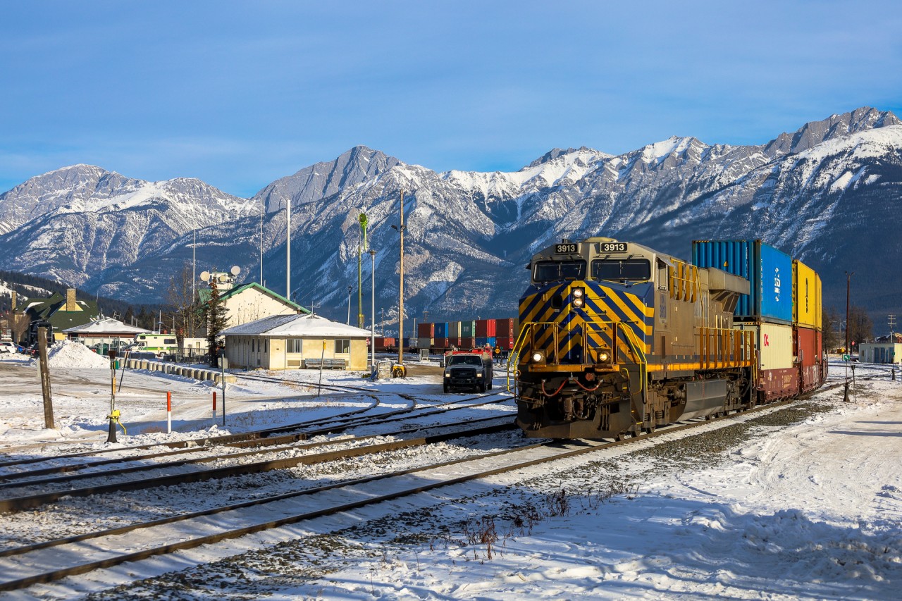 Toronto to Prince Rupert Q 18331 15 departs beautiful Jasper, Alberta after a quick crew change.