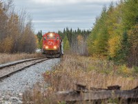 In almost the middle of nowhere CN local 552 runs between Hearst and Oba in Northern Ontario with a venerable SD60 taking the lead on the ex. CP SOO Sub.
