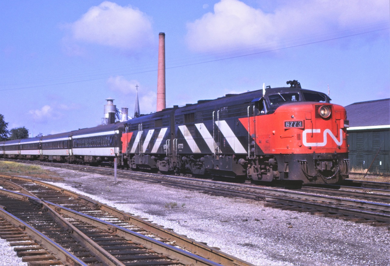 A pair of FPA4s, 6776 and 6786, lead a passenger extra eastbound out of London, Ontario on September 19, 1970. Location shown is map is just a guess as the photo was taken a short distance east of the station.