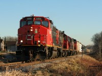 A rare early morning westbound CN L540 is viewed at the west siding switch Baden heading to Stratford on the Guelph Subdivision with 9416, 7080, 4136 and 4796. 