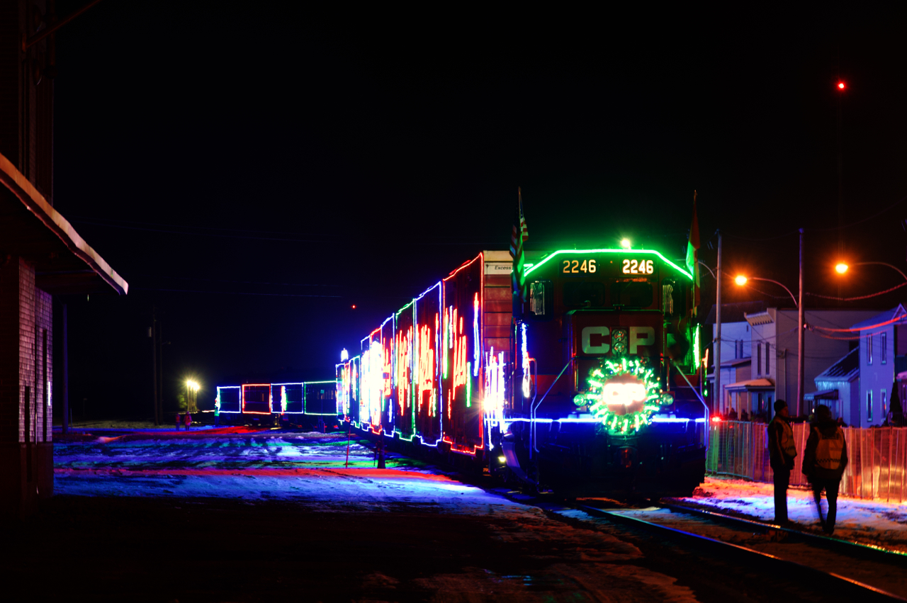 CP ran the holiday train in Quebec's Eastern Townships and Maine for the first time ever this week. Here it is in Farnham last night, beside the old CP station. A phenomenal crowd was out for it, surely over 1,000 people. With the crowds being what they were I did not bring my tripod, so this was a handheld shot.