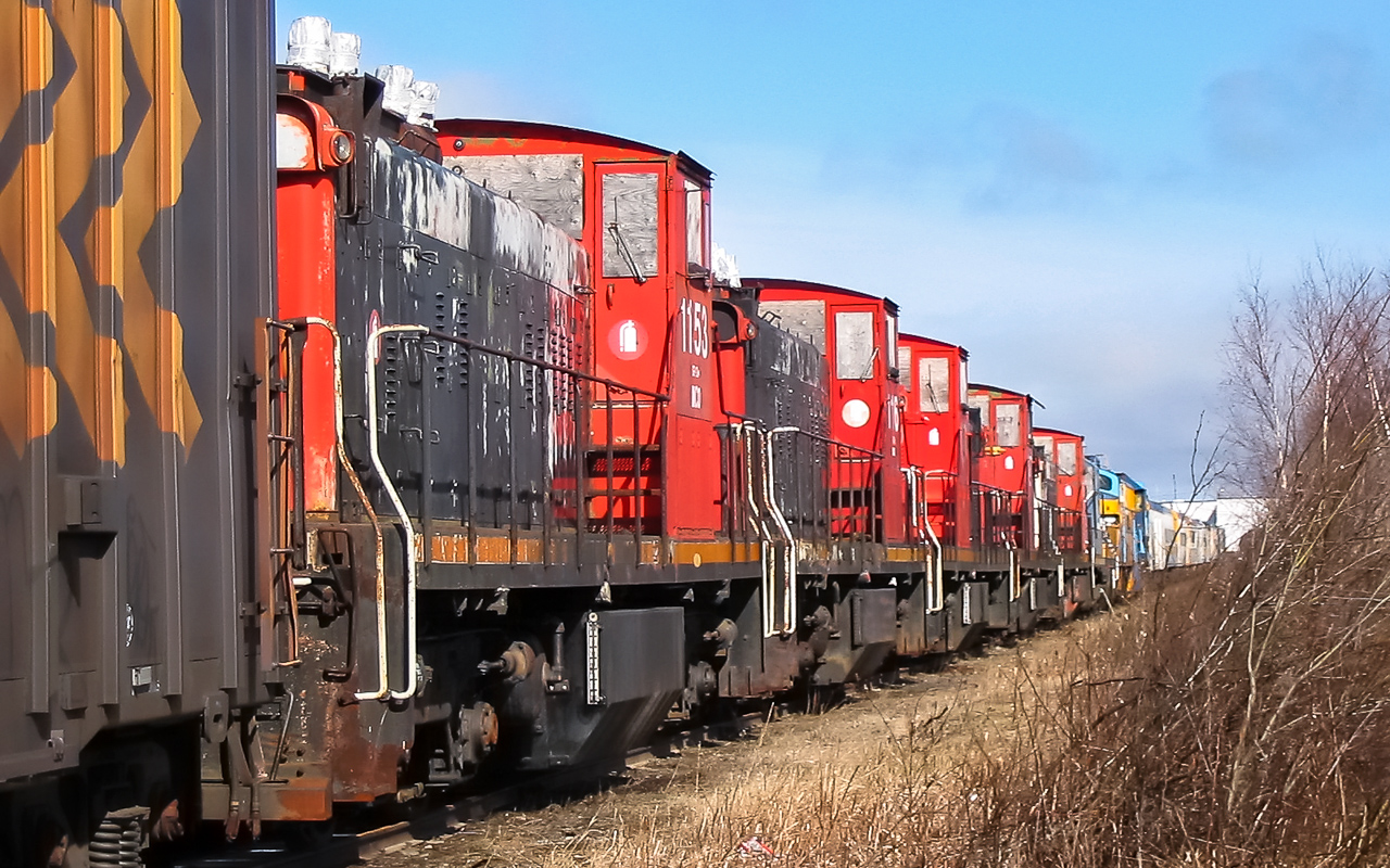 A gaggle of CN GMD 1's sits in a deadline at ONR's North Bay yard on this beautiful May 4, 2004 morning. CN 1153, 1116, 1170, 1172 & 1169, are all capped and boarded up waiting their fate. Several of the units, which were last on lease to INCO still have INCO stenciled on the cab sidewall under the running number. My thanks to Seth B. for cleaning up, adjusting, and otherwise making this photo presentable for posting.