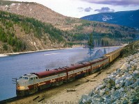 CP 4053+4058+4472+4105 (freight version of Fairbanks-Morse cab unit (CLC CFA16-4) are hauling freight train #87, going from Nelson to Trail along Kootenay Lake.  At this view point along the highway, they are Westbound, Mile 2.8, between #Nelson and Taghum, Columbia Sub. British Columbia on May 28, 1970. 