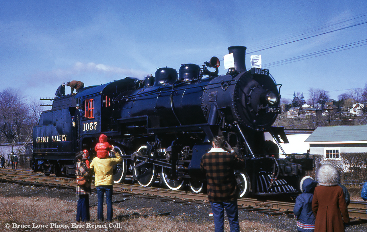 Ex-CPR 1057 is just west of Morris Street in Guelph after turning on the wye during a trip to the Elmira Maple Syrup Festival, organized by the Ontario Rail Association.  Now facing south, 1057 will tie onto it's train and proceed tender-first up the Goderich Sub to Elmira.  Bruce Lowe would shoot the train on it's return that afternoon in the north end of Guelph.Bruce Lowe Photo, Eric Repaci Collection.