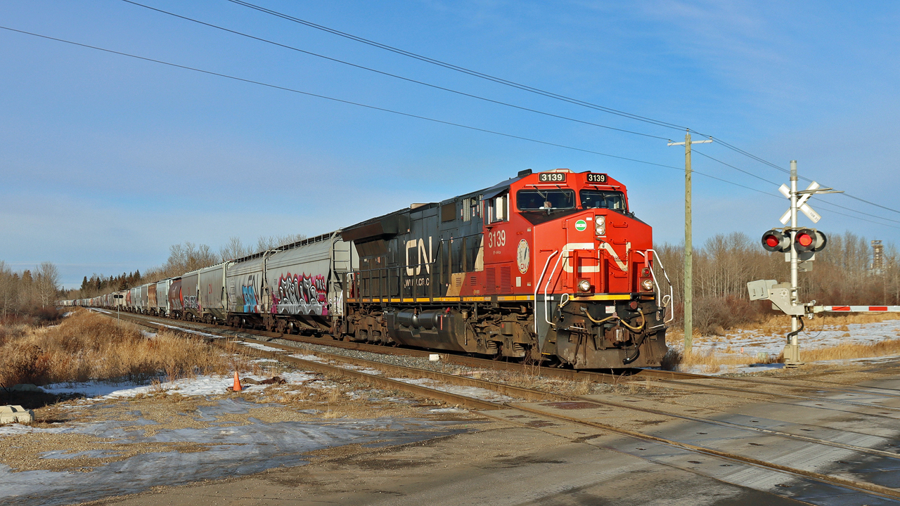 CN 3139 approaches Scotford with eastbound grain empties.