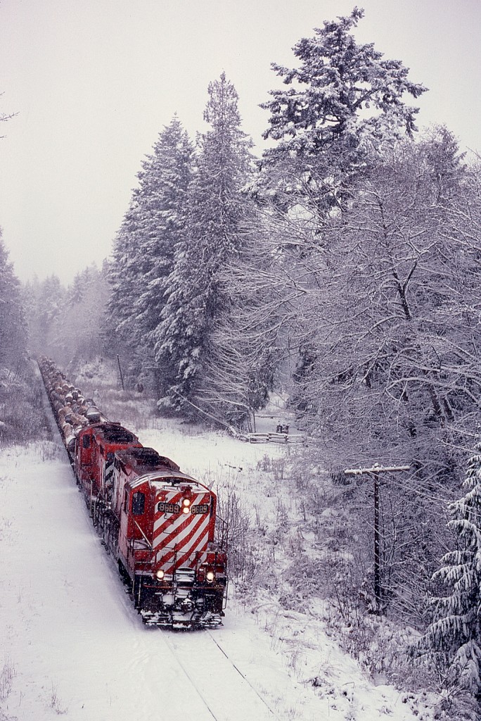 On Vancouver Island, CP’s E&N Division hauled logs for Crown Zellerbach’s Nitinat Logging Division from Lake Cowichan east 18 miles to Hayward then north 17 miles to the CZ log dump into Ladysmith harbour.  On Tuesday 1980-01-08, that assignment was handled by GP9s 8689 and 8530, seen here eastward in fresh snow on the outskirts of Duncan about to duck under Cowichan Lake Road and carefully descending the grade with a bit less than one mile to the junction switch at Hayward.

Note the white Extra flags on 8689 are angled outwards, a pleasing departure from the standard straight-up display on most CP GP9s, also standard on TH&B GP7s 71 to 77 and SOO SD40-2s 6615 to 6623.

A very Merry Christmas to all.