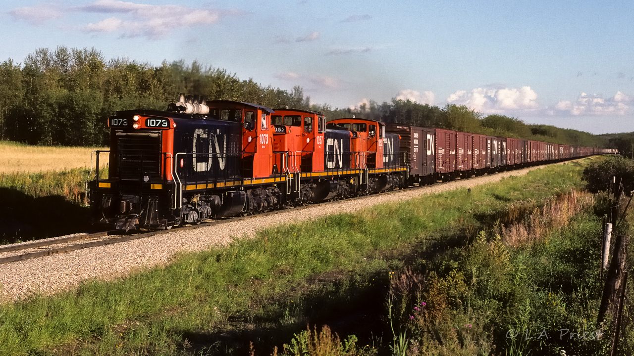 584 is coming up the hill to the junction switch at Kerensky with an unbelievable train of boxcars. The units and cars create an impression of a time period much earlier than 1987. This train typically goes through town in the morning, how fortunate to have it come late at 18:30. Morning would have offered few spots for capturing a train this size.