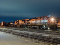 BCOL 4642 leads A434 at Brantford Ontario on a crisp November evening.  4642 and 4609 are presently the only BCOL units remaining active on CN in the distinctive Red White and Blue Scheme.