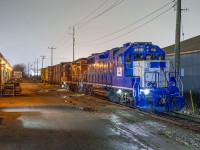 Power for L542 idles the night away just outside of Gillies Lumber in Cambridge.  For the last few years, power has typically been tied down <a href=http://www.railpictures.ca/?attachment_id=35796>just outside Hunt's Logistics</a> on the Fergus Spur until the last few weeks when Hunt's ended their use of rail service.  CN has also lost their office in Hunt's building. 