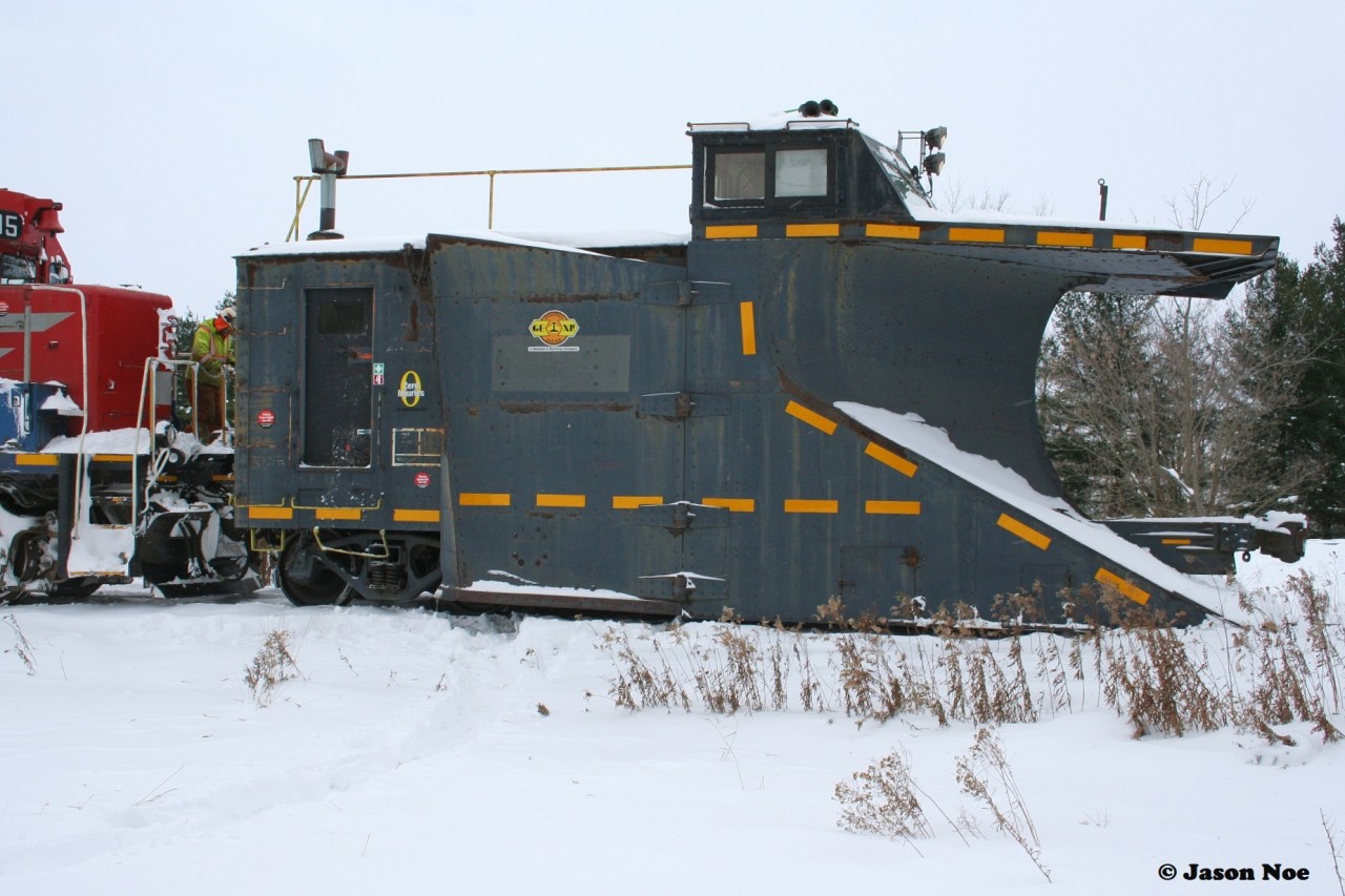 Goderich-Exeter Railway’s (GEXR) former CN plow 55413 is seen with its new safety decals and G&W logos in Mitchell, Ontario on the Goderich Subdivision on November 21, 2022. On this day, train 581 was ordered to plow the line to Goderich after some heavy snow squalls blanketed the area that weekend. However due to some last-minute mechanical issues with the plow, it was decided to just go light power to Goderich. The following day, 581 was able to successfully plow the line with 55413.