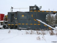 Goderich-Exeter Railway’s (GEXR) former CN plow 55413 is seen with its new safety decals and G&W logos in Mitchell, Ontario on the Goderich Subdivision on November 21, 2022. On this day, train 581 was ordered to plow the line to Goderich after some heavy snow squalls blanketed the area that weekend. However due to some last-minute mechanical issues with the plow, it was decided to just go light power to Goderich. The following day, 581 was able to successfully plow the line with 55413.  