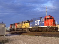 Beautiful late day lighting. CN's #392 is doing some work at the east end of Aldershot yard. Shown is the head end power, CN 9503, UP 4108 and GT 6216.  The UP has just been acquired by CN, and has yet to be temporarily renumbered to 6108 (as to not conflict with the GP9s) and so makes for an interesting catch. The unit would later be upgraded to become CN 5367.