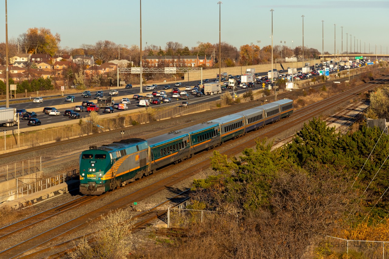 Recently, it had come to my attention that there was a shootable location for WB Kingston trains at Ajax GO: The top of the parking garage. When an interesting CN train was making its way westbound, I trekked out there in hopes to find an awesome shot. Alas, the CN never showed up in daylight after waiting for VIA 65 & 53 outside Cobourg. The consolation prize was a good looking Renaissance P42DC & 6 coaches in perfect light. I'll take it!