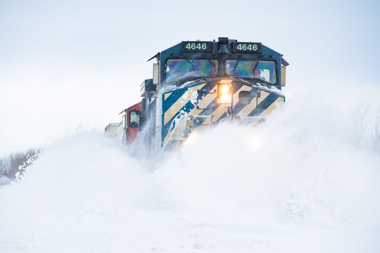 During the winter of 2021/22 the Yorkton subdivision running from Melville SK to Canora SK had constant problems with snow. With the entire area suffering from heavy snowfall, the Yorkton sub is notorious for drifts because of the north-south operation in open prairie flatland. BCOL 4646 heads south toward Melville only hours after 583 went north with GECX 2029 in the lead. In the short time the drifts completely refilled making an enjoyable trip,