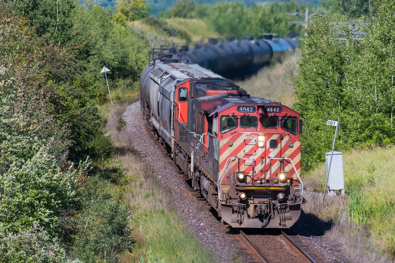 BCOL 4642 leads A404 through  Miniota MB on a September morning. Taken from an overpass that leads to a lookout of the Qu'Appelle Valley