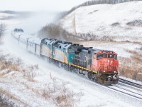 CN 2519 leads Via 2 towards Winnipeg after being added in Edmonton due to locomotive issues. 2519 was replaced by another F40PH in Winnipeg to continue the trip to Toronto