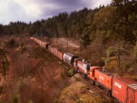 At the end of the Baldwin roadswitcher era on CP’s E&N Division, pairs of prepared-for-storage units were sent north from Victoria shop to Nanaimo for barge movement to the mainland then furtherance to storage (and eventual scrapping, except for one) at Calgary, shown here with 8000 (in script, the one that survived) and 8003 (in red) in train No. 51 on the ruling grade up to Langford and with GP9s 8540 and 8665 on the headend in the distance on Wednesday 1975-03-19.  Two days later, the last one to have been running, 8010, made the same trip.

<p>On the left is the CN Cowichan sub., that portion last used by the Victoria Pacific steam tourist operation a few years earlier.