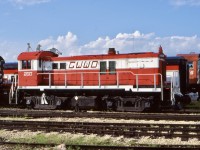Far from its original home on the Sydney & Louisburg Railway. GWWD 200, a RS23 awaits its next assignment in the yard in Winnipeg. A pair of former CP RS23’s can also be seen in this frame gradually being used as a parts source.