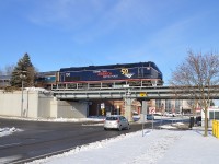 This is only the second of the special "50 Years" series wraps I have seen on the Amtrak train "Maple Leaf" which runs between Toronto and New York City.  Image is where Bridge St meets River Rd in Niagara Falls.  Number 100 looks good in its Midnight Blue on what has been a rather infrequent sunny day lately.