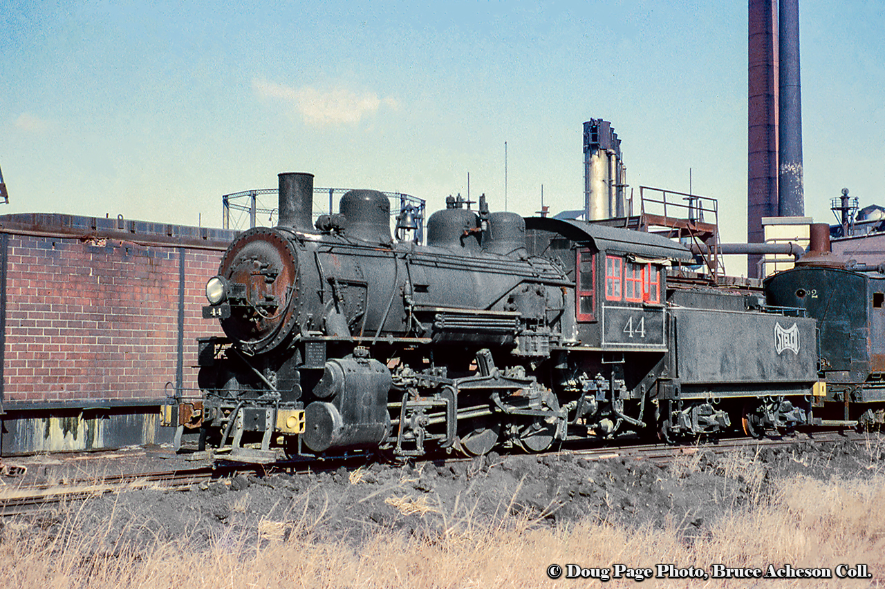 Second 44, second career.  Built in September 1917 by the Canadian Locomotive Company of Kingston as TH&B 48, the little B-2-s class 0-6-0 would be renumbered in 1947 to TH&B 44 (first 44 renumbered 42).  The locomotive would be retired in January 1955 and sold to Stelco, eventually being scrapped at an unknown date.  The engine appears to be working around the Stelco-owned Hamilton By-Product Coke Oven Company facility.Many thanks to John Spring for information on the locomotive and location.Doug Page Photo, Bruce Acheson Collection Slide.