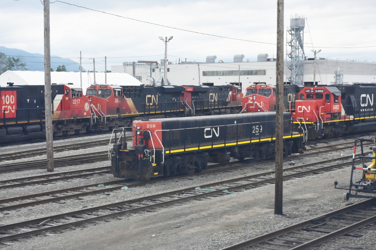 After seeing Seth B's fabulous (as always) post this morning  http://www.railpictures.ca/?attachment_id=50903  I followed up on his comment about the numbering and rebuild history of lead unit CN 4609 by searching my files, and came up with this shot of CN 259 (ex-CN 4609, nee-NAR 211 Fort McMurray) at Thornton Yard Vancouver, BC June 6, 2022. Built in June of 1958 as a GP9, renumbered to CN 4609 in 1981, then rebuilt into this slug in 1990, it lives on, and looks good, 65 years later! :-)
Should this photo get posted, it will be my 250th contribution to the RP.ca site.