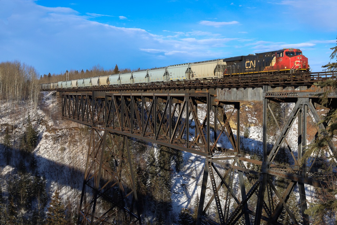 Vancouver to Edmonton manifest A 41651 20 highballs over the Pembina River, which separates Evansburg on the west with Entwistle on the east.