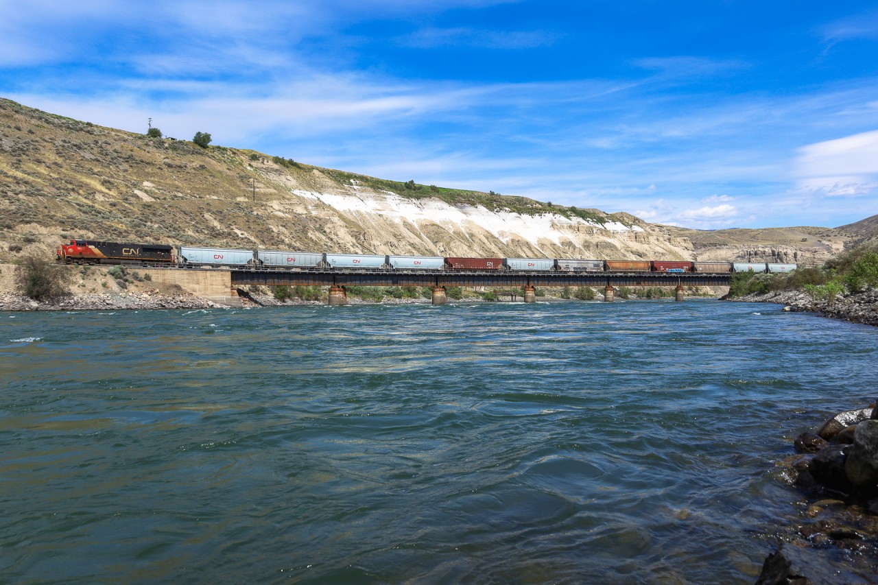 CN G 86541 30 crosses the mighty Thompson River, with a loaded grain train for the west coast.