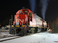 This night was so cold. Oh man, I get cold even thinking about it. 
<br>
However an ex-CN hump yard assigned GP38-2 in Cambridge, Ontario now operating on CN L542 did require a bit of attention. So a short drive from Kitchener and some minor possible frostbite was worth the effort. Here, CN 7512 and 4732 are slumbering away during a quiet Friday evening at the former CN outpost along Eagle Street in Cambridge on the Fergus Spur. 
