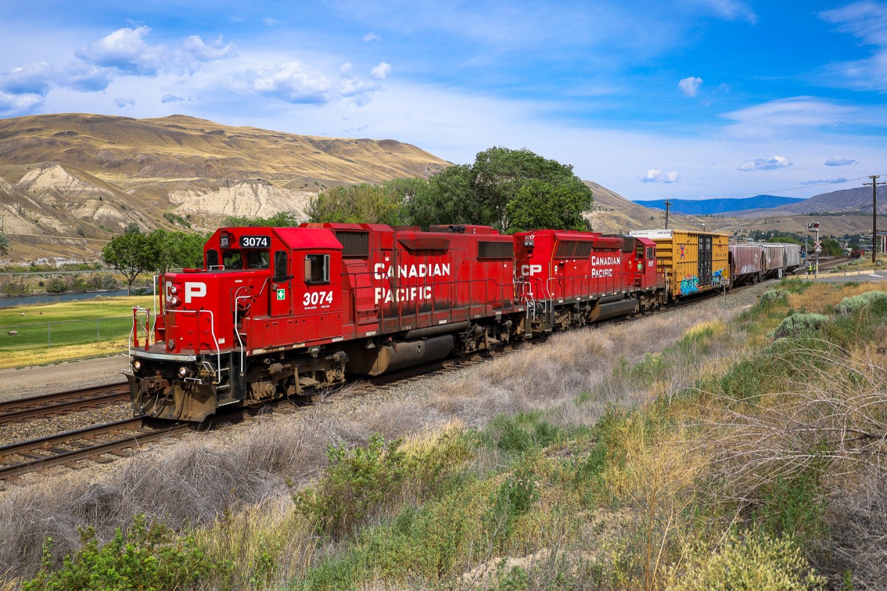 The Kamloops to Ashcroft turn spots a customer with CP 3074 and CP 5017.