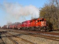 CP CWR-07 with CP 6079 & CP 5901 notching up by Mile 199 Belleville Sub after got good pull by inspection at McCowan.
