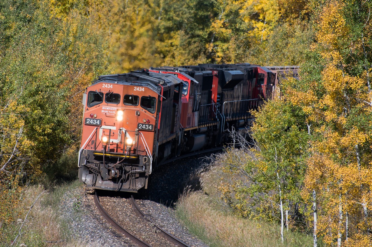 CN 2434 leads an empty grain train on CN's Prairie North Line spotting elevators the whole trip. CN 2434 now stored was known for the 'No Emergency Brake Valve' stencil slapped onto its nose during the original purge of the dash 8's in early 2020.