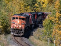 CN 2434 leads an empty grain train on CN's Prairie North Line spotting elevators the whole trip. CN 2434 now stored was known for the 'No Emergency Brake Valve' stencil slapped onto its nose during the original purge of the dash 8's in early 2020. 