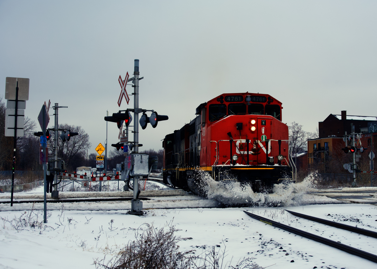 CN 500 is the first train to go onto Track 29 the day after freezing rain and then snow fell in Montreal. It will pick up seven cars before heading back to Pointe St-Charles Yard.